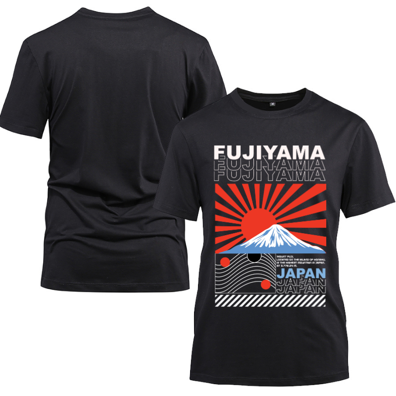 Japan Streetwear Fujiyama Mount Fuji Cotton Black Short Sleeve T-Shirt