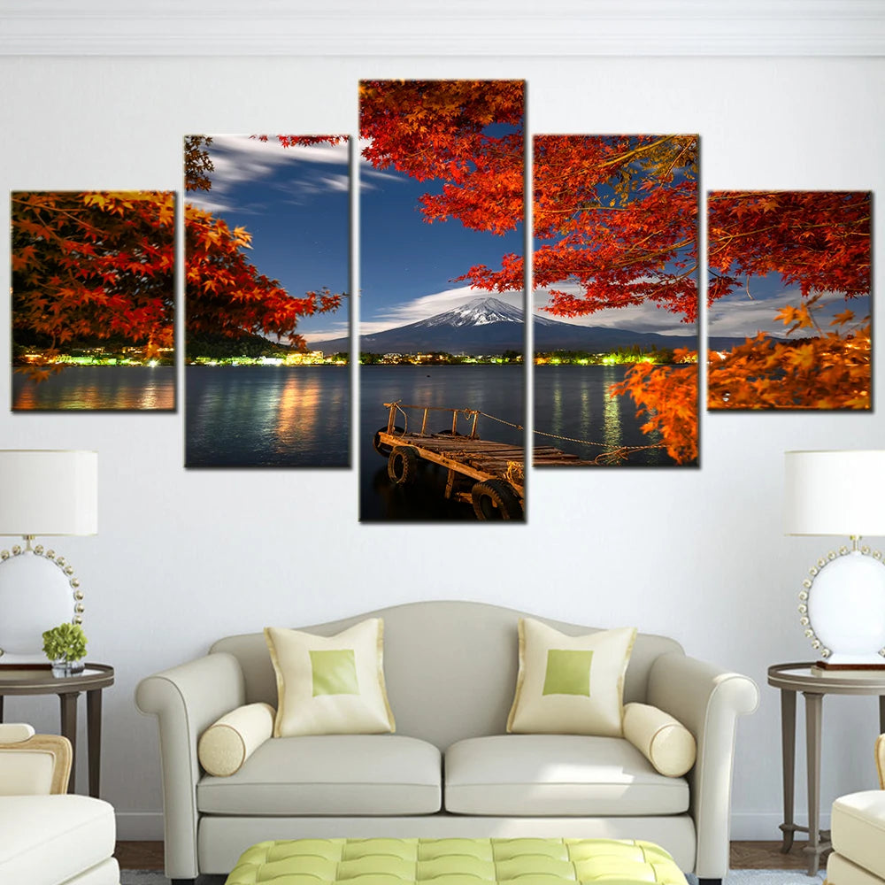 Fuji Mountain Lake Flowers design 5 Panels Painting Canvas Wall Decoration