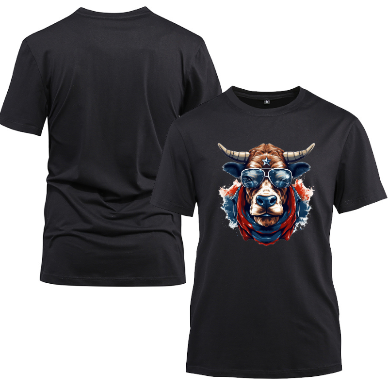 Animal Hiphop Graphic Funny Cow Bull Cotton Black Short Sleeve T-Shirt