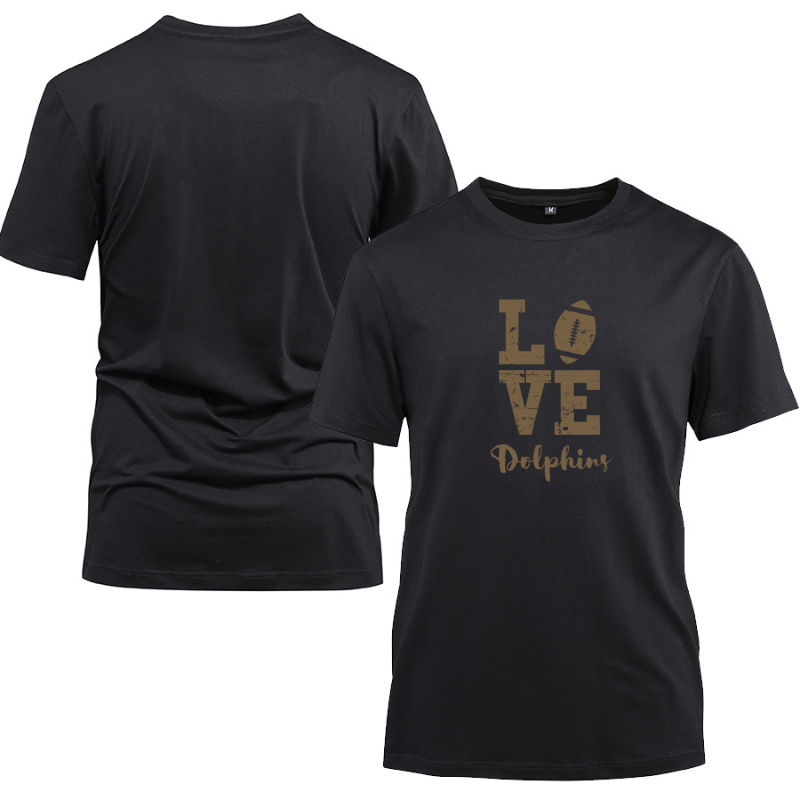 Football Gold Love Dolphins Cotton Black Short Sleeve T-Shirt