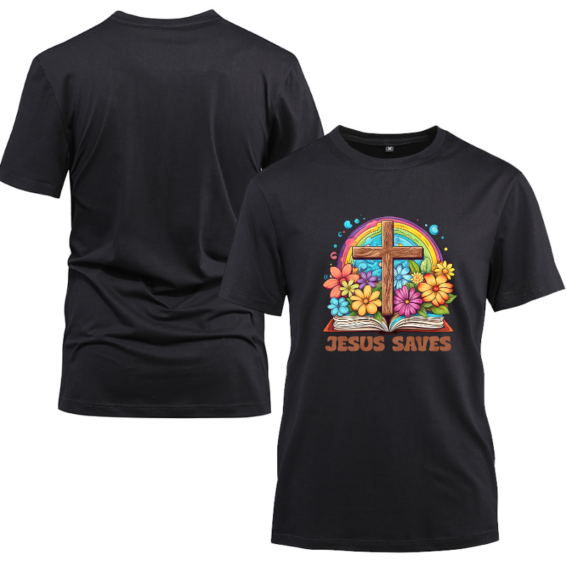 Jesus Saves Colourful Cross Art Cotton Black Short Sleeve T-Shirt