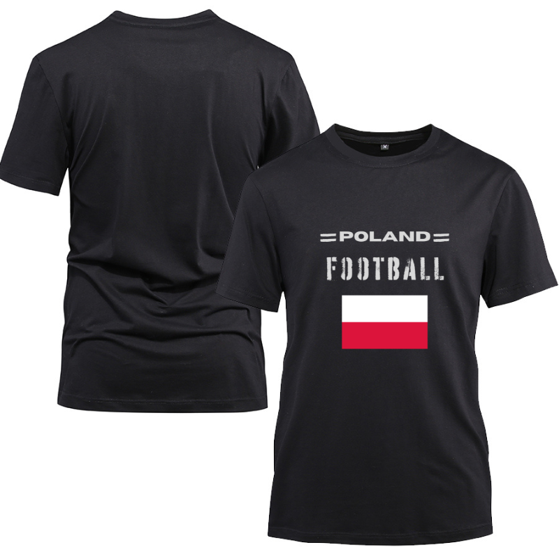Poland Football Cotton Black Short Sleeve T-Shirt