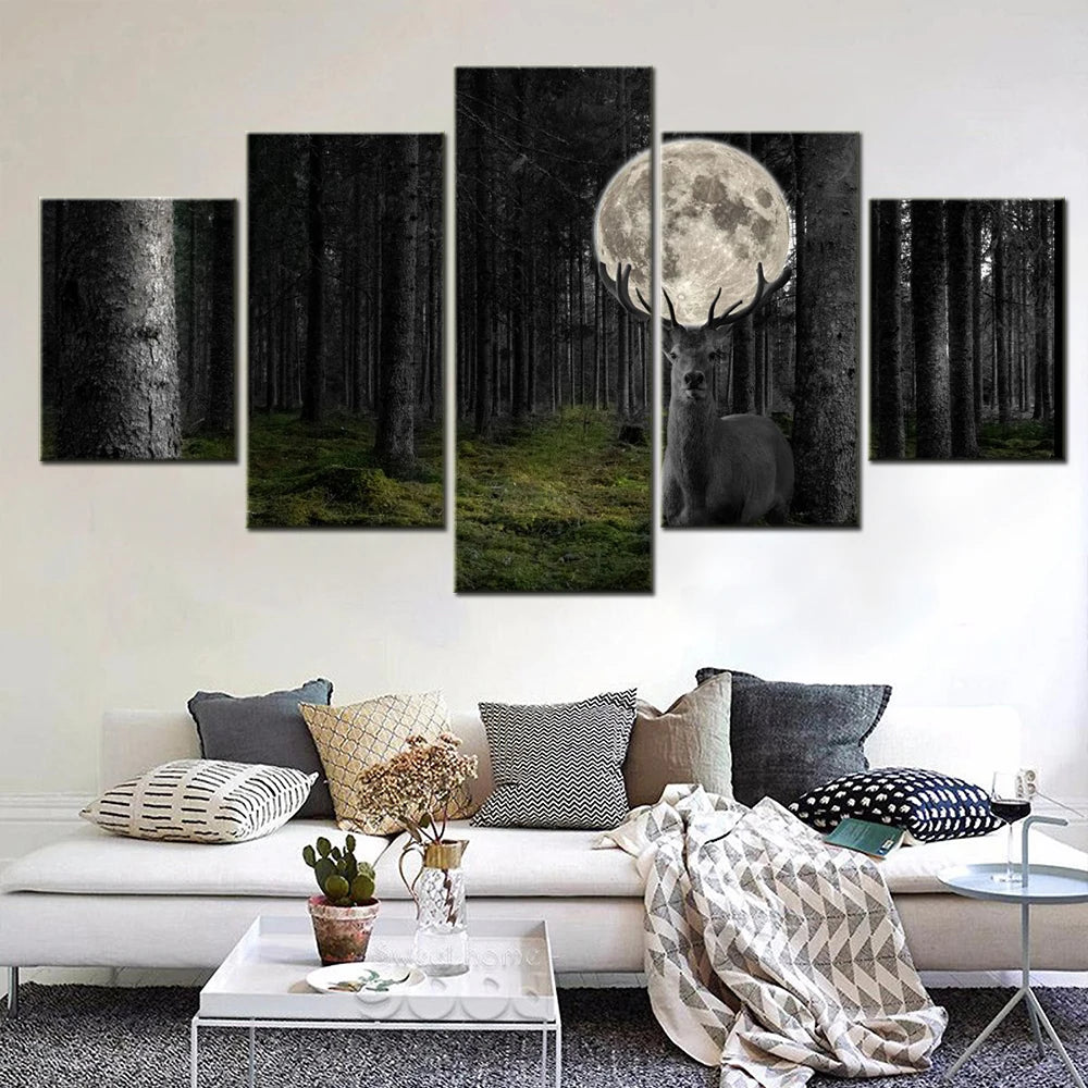 Deer Moon 5 Panels Painting Canvas Wall Decoration