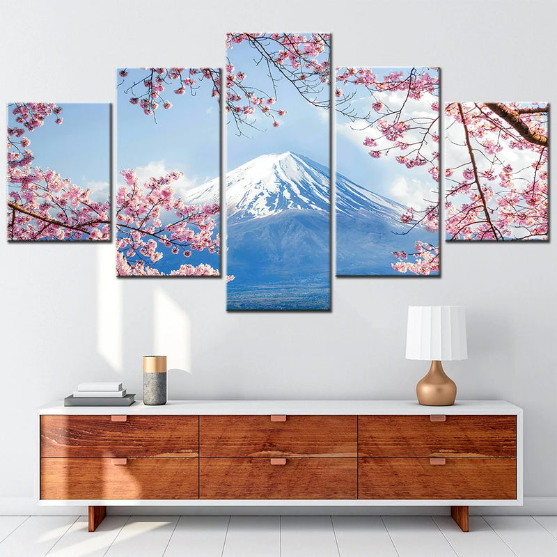 Fuji Mountain Pink Sakura 5 Panels Painting Canvas Wall Decoration