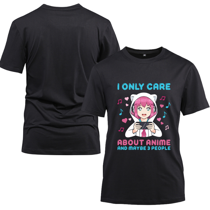 Anime Girl I Only Care About Anime Cotton Black Short Sleeve T-Shirt