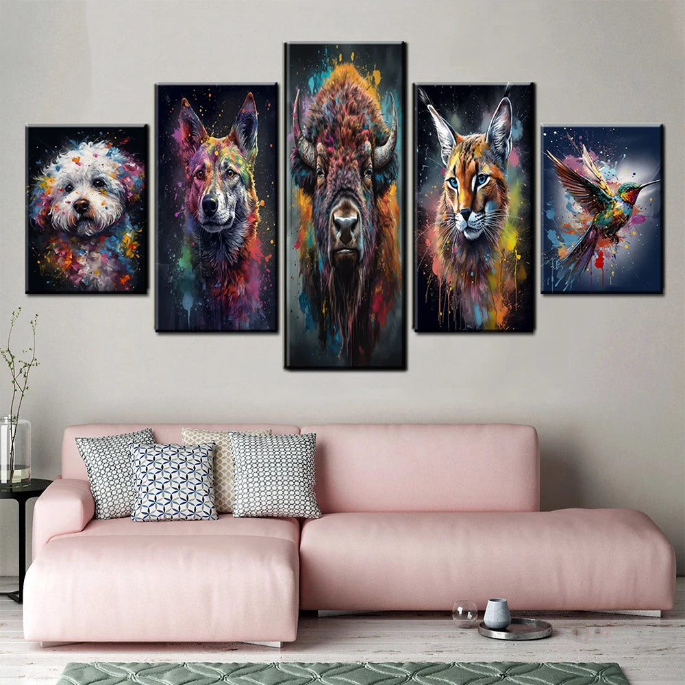 Bison Caracal Colibri Dingo Dog Bichon Frise 5 Panels Painting Canvas Wall Decoration
