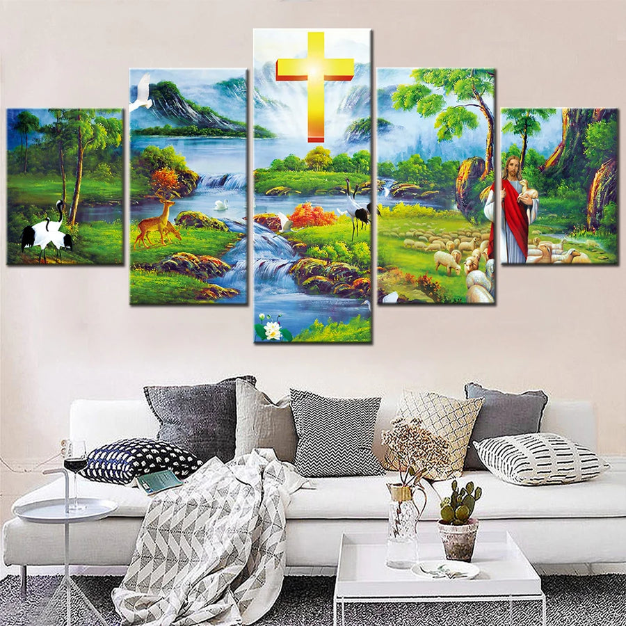 Set Jesus Cross Picture Modern 5 Panels Painting Canvas Wall Decoration