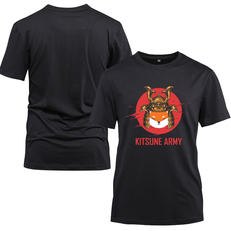 Funny Samurai Shib Army Kawaii Fox Cotton Black Short Sleeve T-Shirt