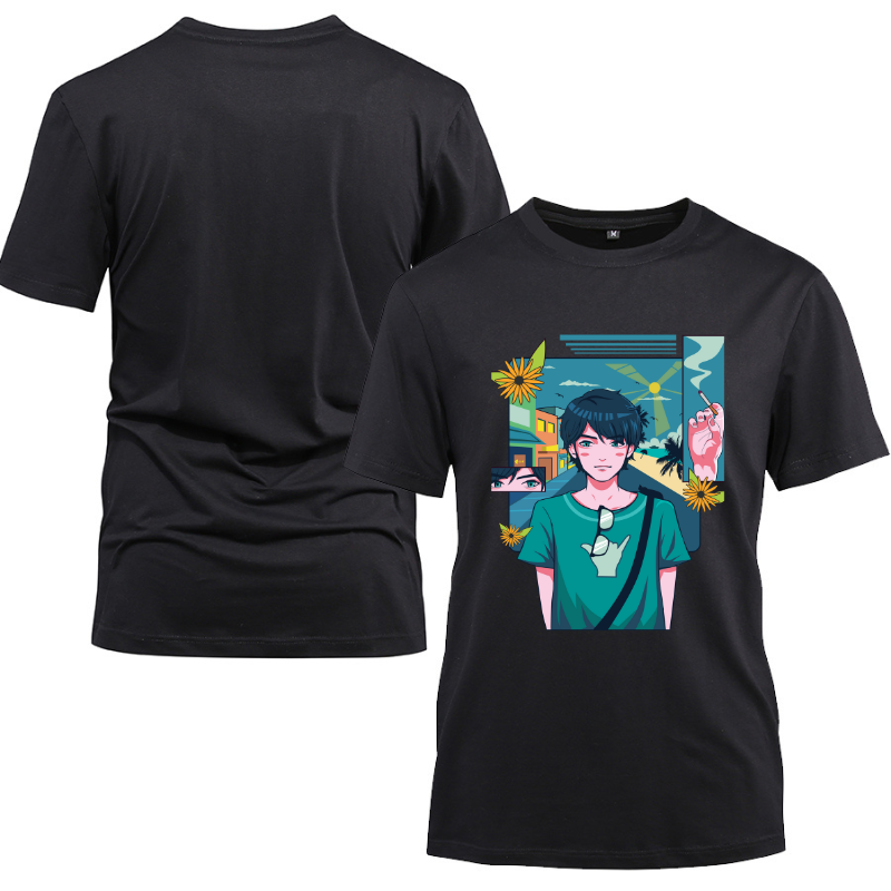 Anime Japanese The Cute Boy on The Good Day Cotton Black Short Sleeve T-Shirt