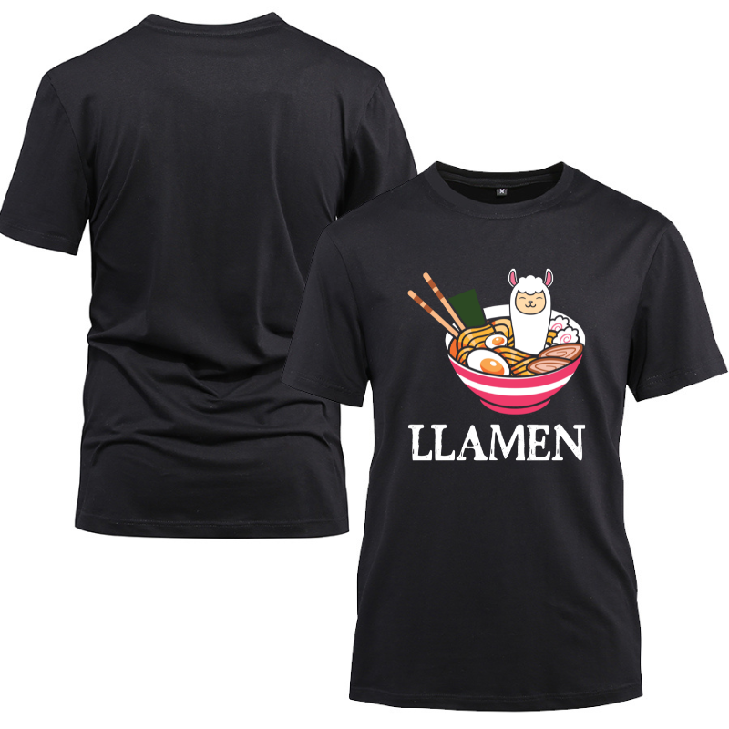 Llamen Kawaii Llama Ramen Japanese Anime Cotton Black Short Sleeve T-Shirt