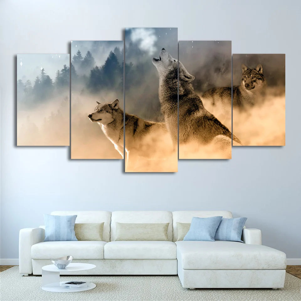Howling Wolf in Clouds 5 Panels Painting Canvas Wall Decoration