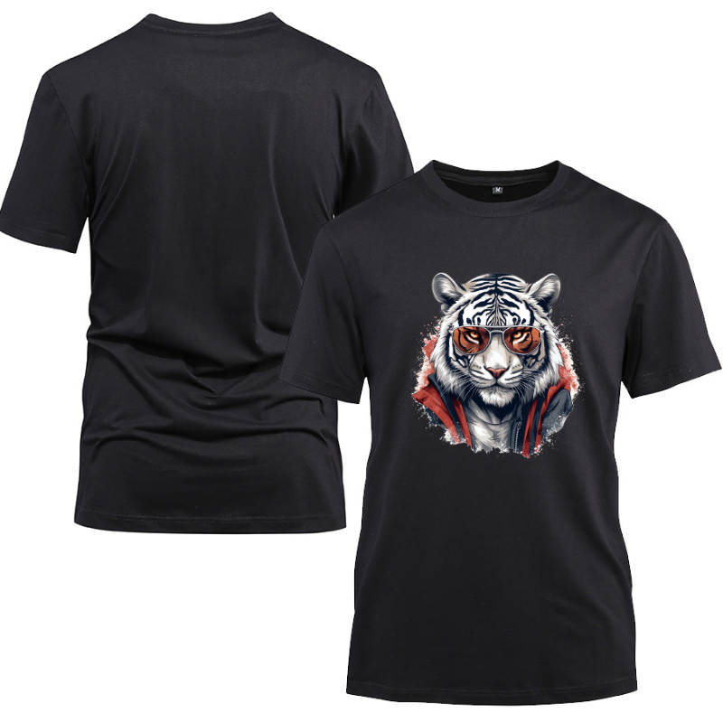 Animal Hiphop Graphic Funny White Tiger With Glasses Cotton Black Short Sleeve T-Shirt
