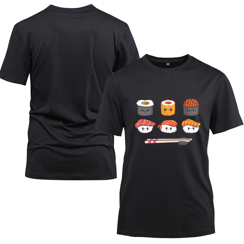 Sushi Anime Kawaii Set Japanese Food Cotton Black Short Sleeve T-Shirt