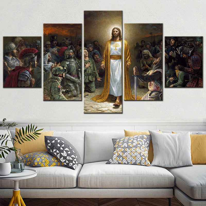 Jesus Christ Rescue World 5 Panels Painting Canvas Wall Decoration