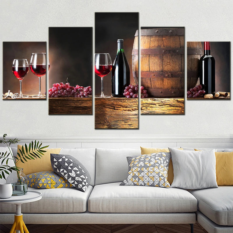 Wine Grapes Barrel Modern 5 Panels Painting Canvas Wall Decoration