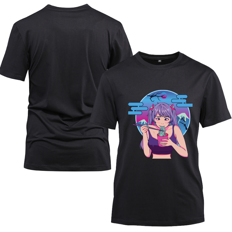Anime Japanese Cute Girl Eat Ramen Cotton Black Short Sleeve T-Shirt