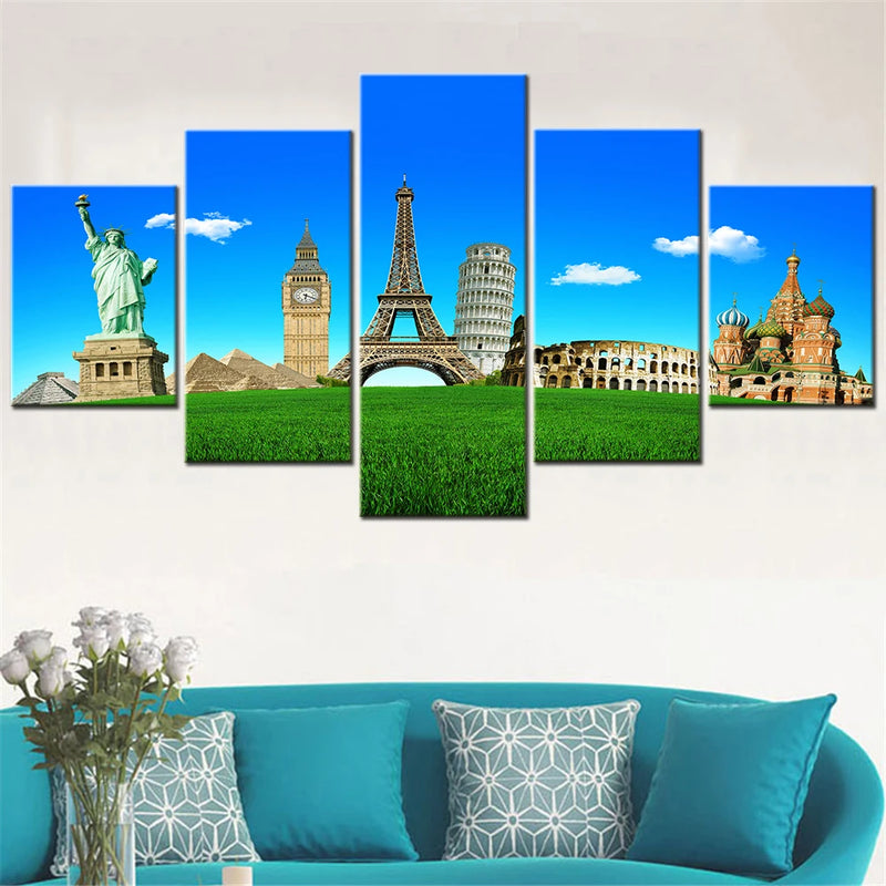 World's Famous Landmarks 5 Panels Painting Canvas Wall Decoration