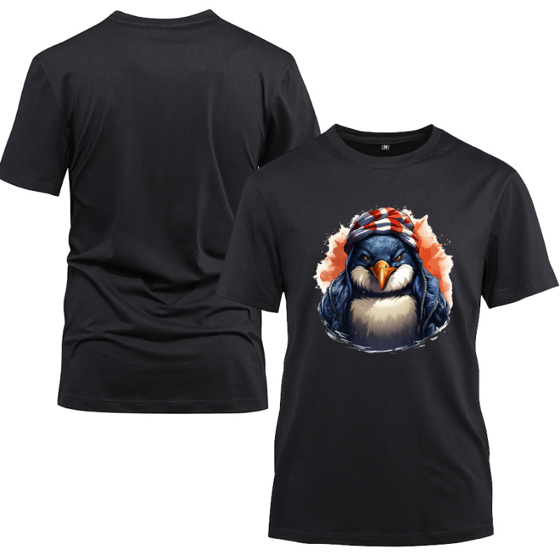 Animal Hiphop Graphic Gangster Penguin Cotton Black Short Sleeve T-Shirt