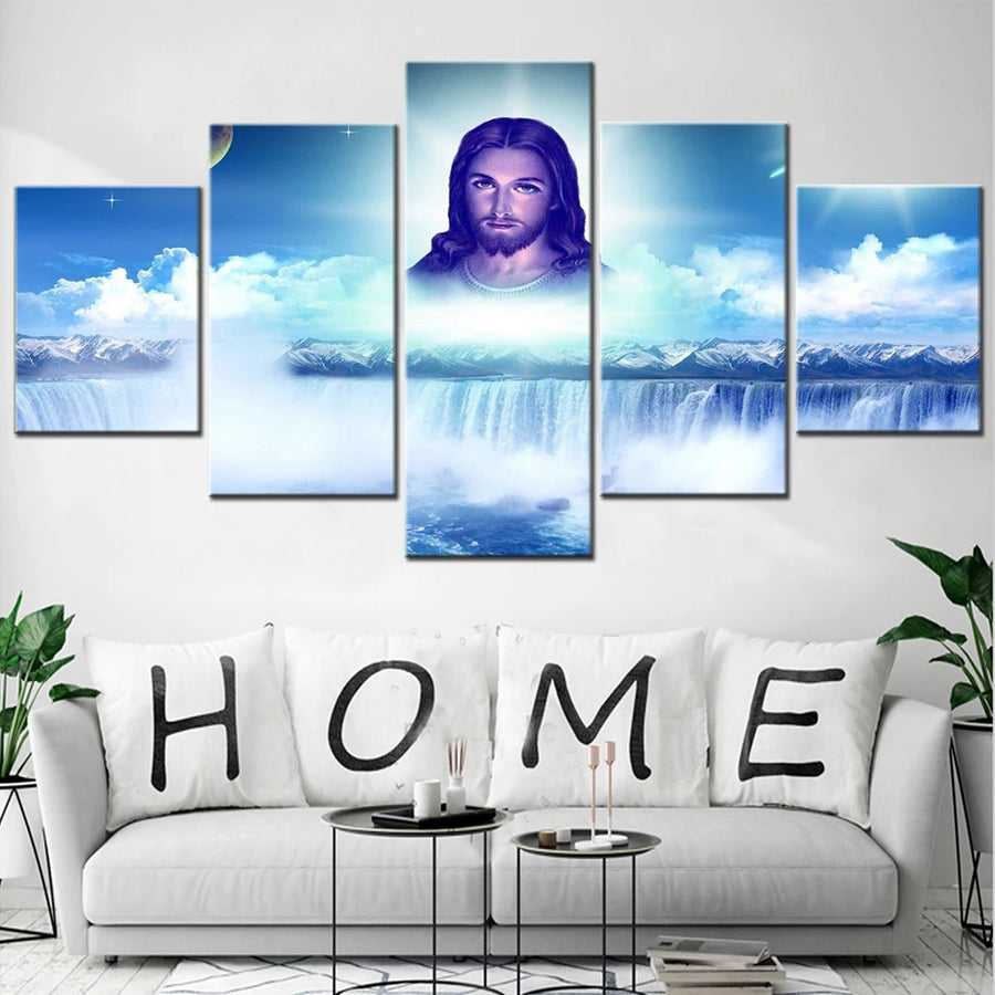 Jesus Christ Landscape Waterfall design 5 Panels Painting Canvas Wall Decoration
