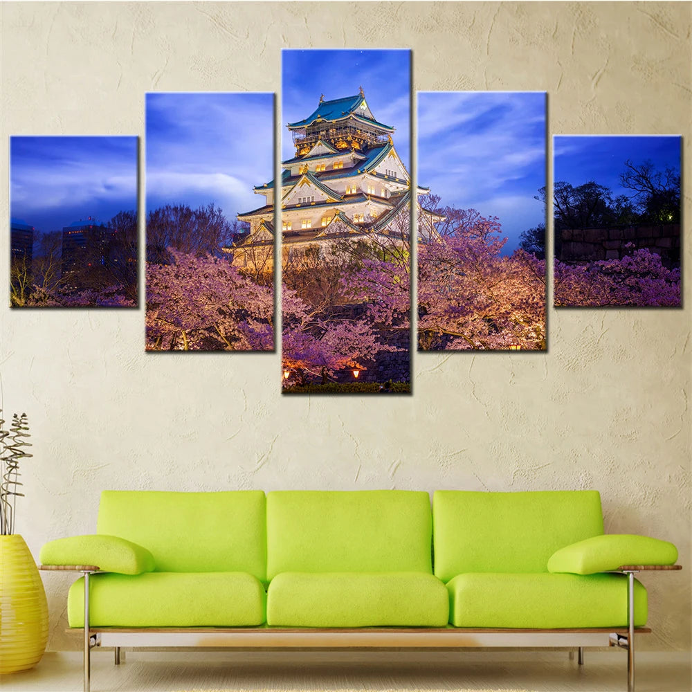 Japan Himeji Castle Cherry Blossoms cute 5 Panels Painting Canvas Wall Decoration