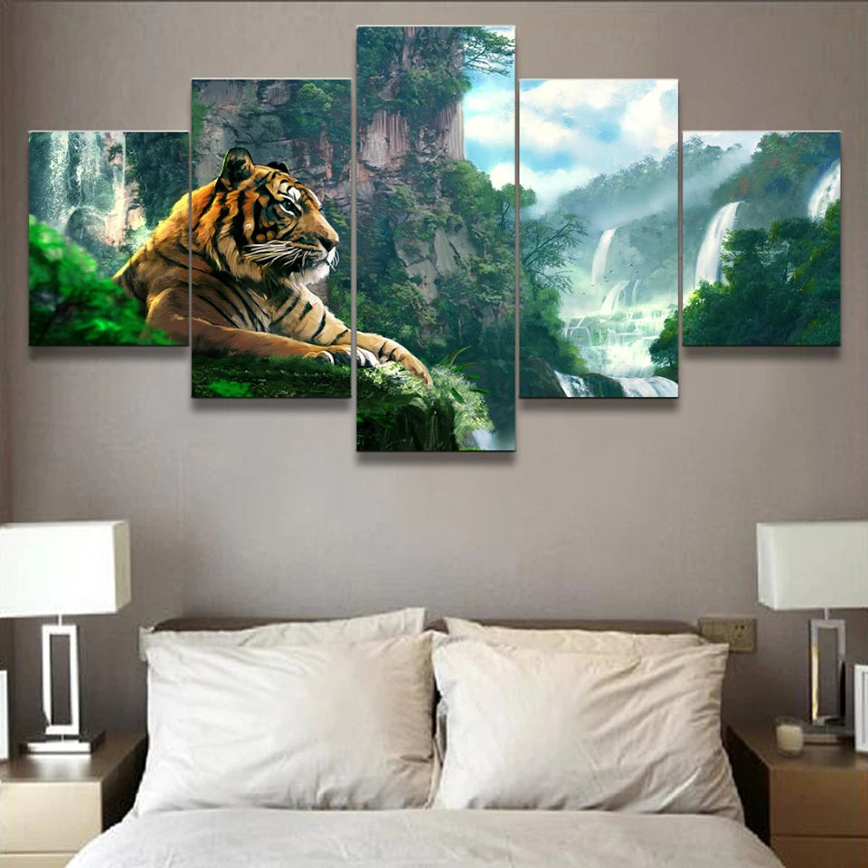 Landscape Mountain Waterfall 5 Panels Painting Canvas Wall Decoration