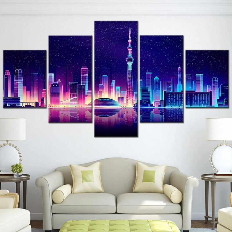 Tokyo Tower Cityscape 5 Panels Painting Canvas Wall Decoration