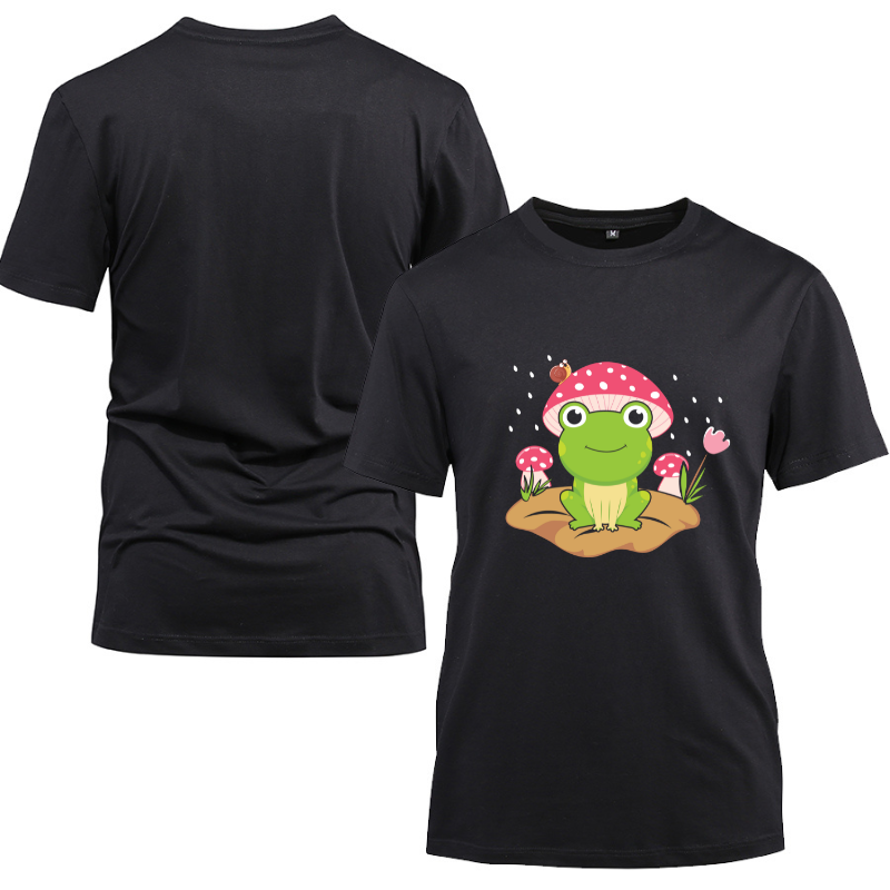 Cute Frog Mushroom Hat With Snail Cotton Black Short Sleeve T-Shirt