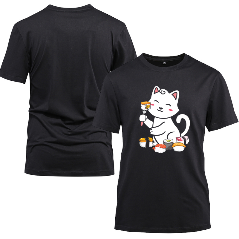 Cute Sushi Eating Cat Neko Cotton Black Short Sleeve T-Shirt