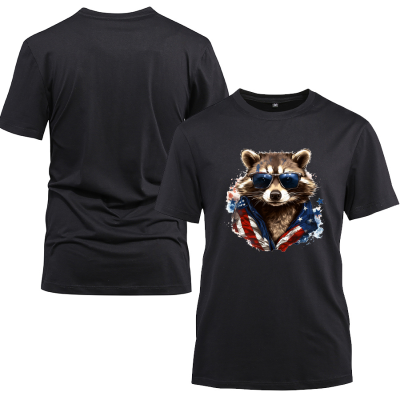 Animal Hiphop Graphic Raccoon With Sunglasses Cotton Black Short Sleeve T-Shirt