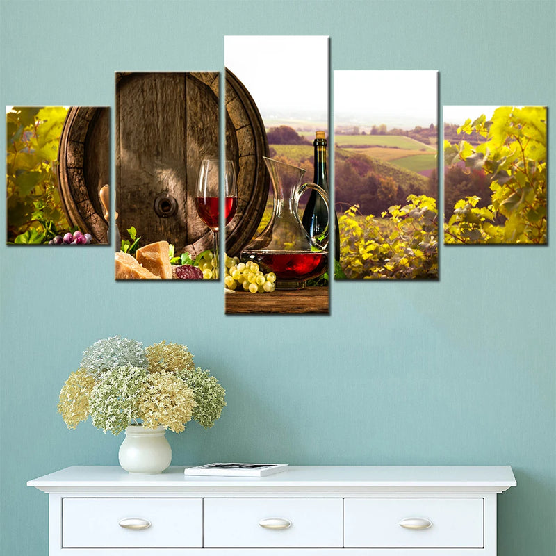 Art Wine Glasses Barrel in Vineyard 5 Panels Painting Canvas Wall Decoration