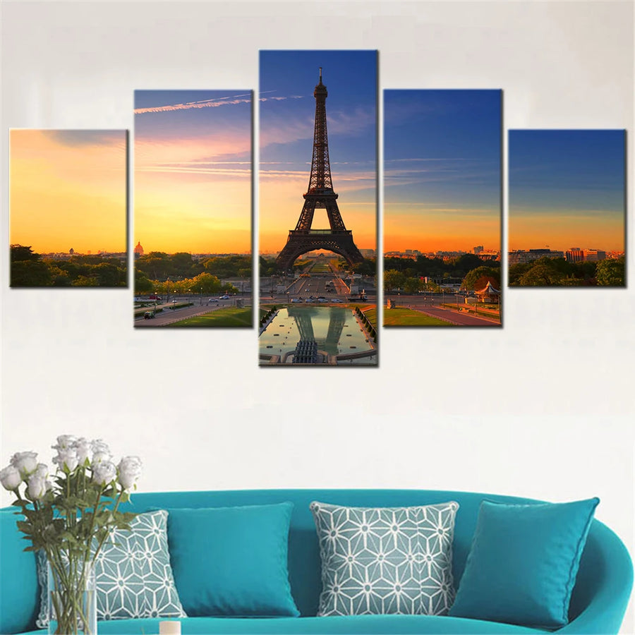 Paris Eiffel Tower Sunset Scenery 5 Panels Painting Canvas Wall Decoration