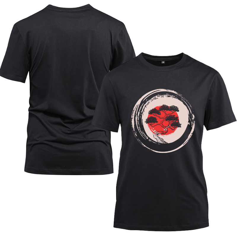 Bonsai Tree In Japanese Enso Circle Cotton Black Short Sleeve T-Shirt