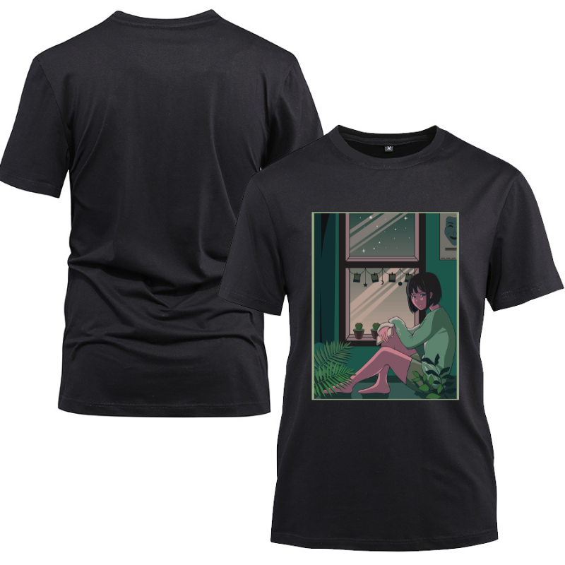 Anime Japanese The Cute Girl in Green Cotton Black Short Sleeve T-Shirt