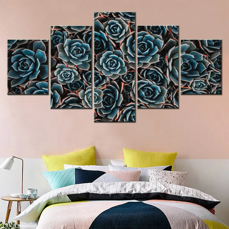 Flowers Teal Echeveria 5 Panels Painting Canvas Wall Decoration