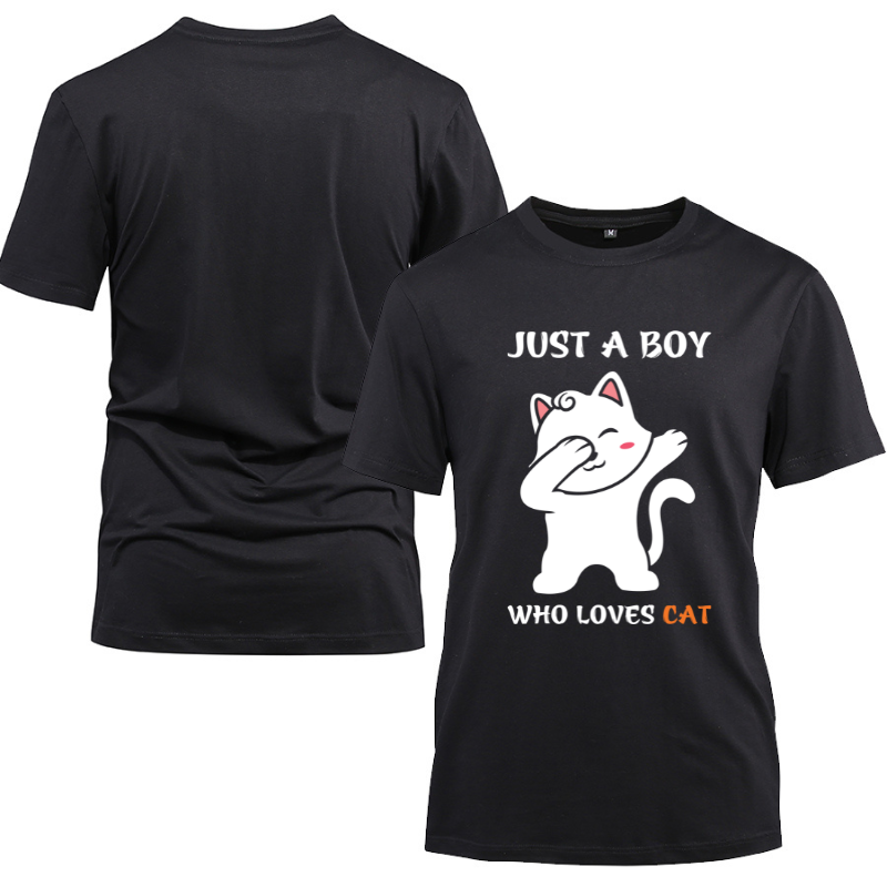 Just a boy who loves Cat Kawaii Cat Cotton Black Short Sleeve T-Shirt