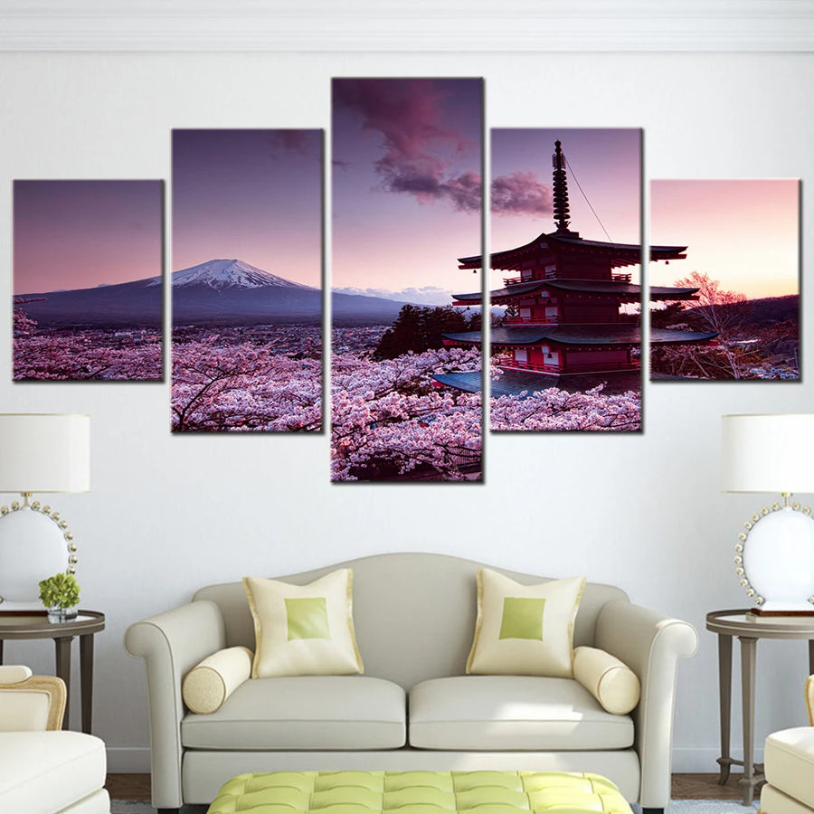 Churei Tower Mount Fuji cute 5 Panels Painting Canvas Wall Decoration