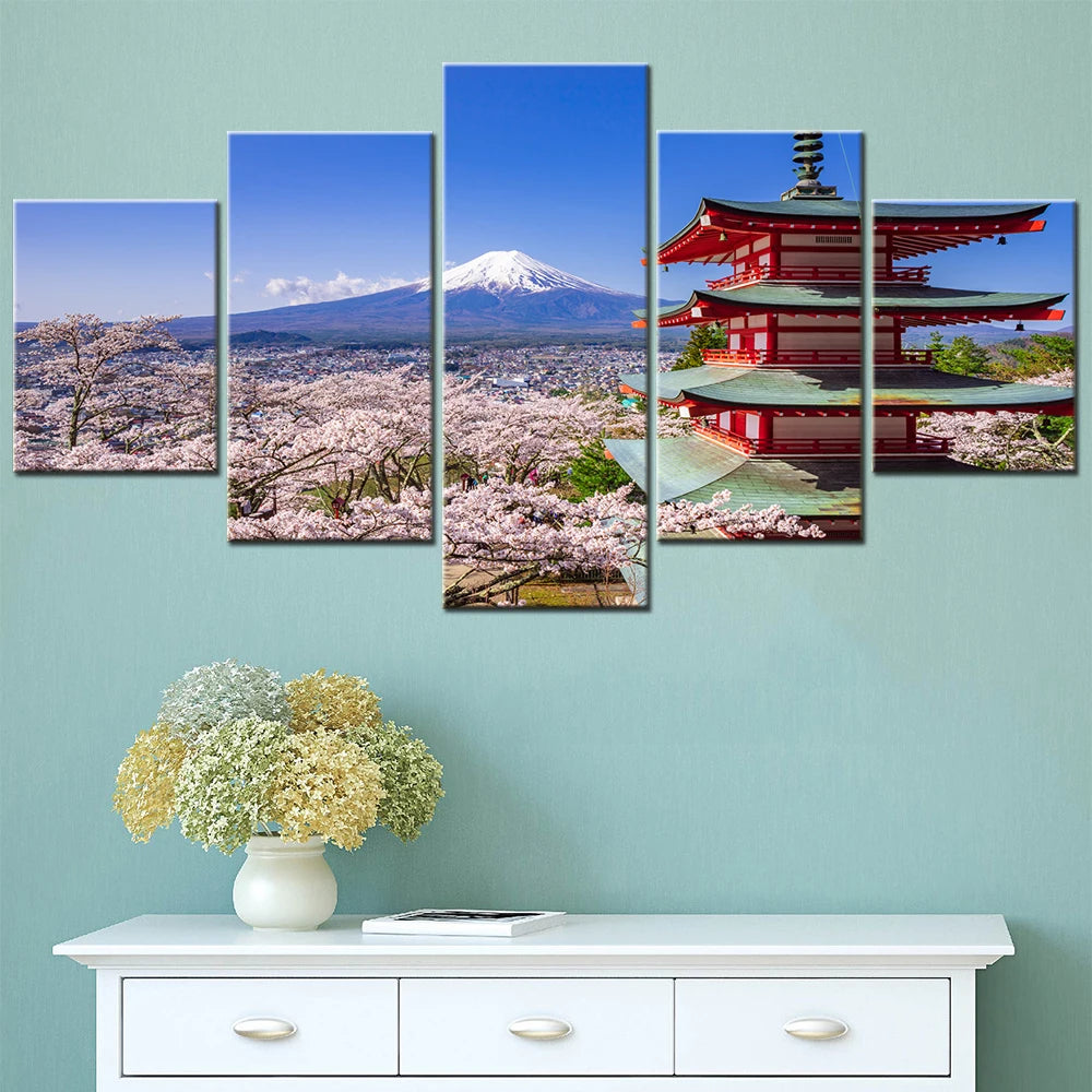Chureito Pagoda Sakura Mount Fuji 5 Panels Painting Canvas Wall Decoration