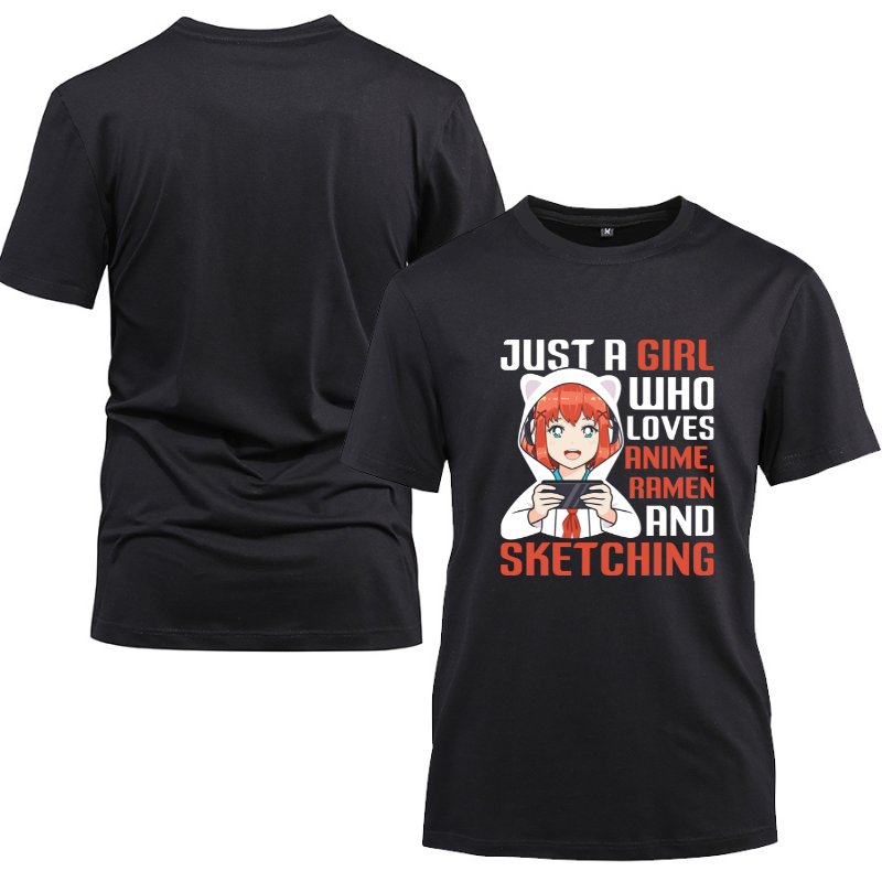 Just A Girl Who Loves Japan Anime Cotton Black Short Sleeve T-Shirt