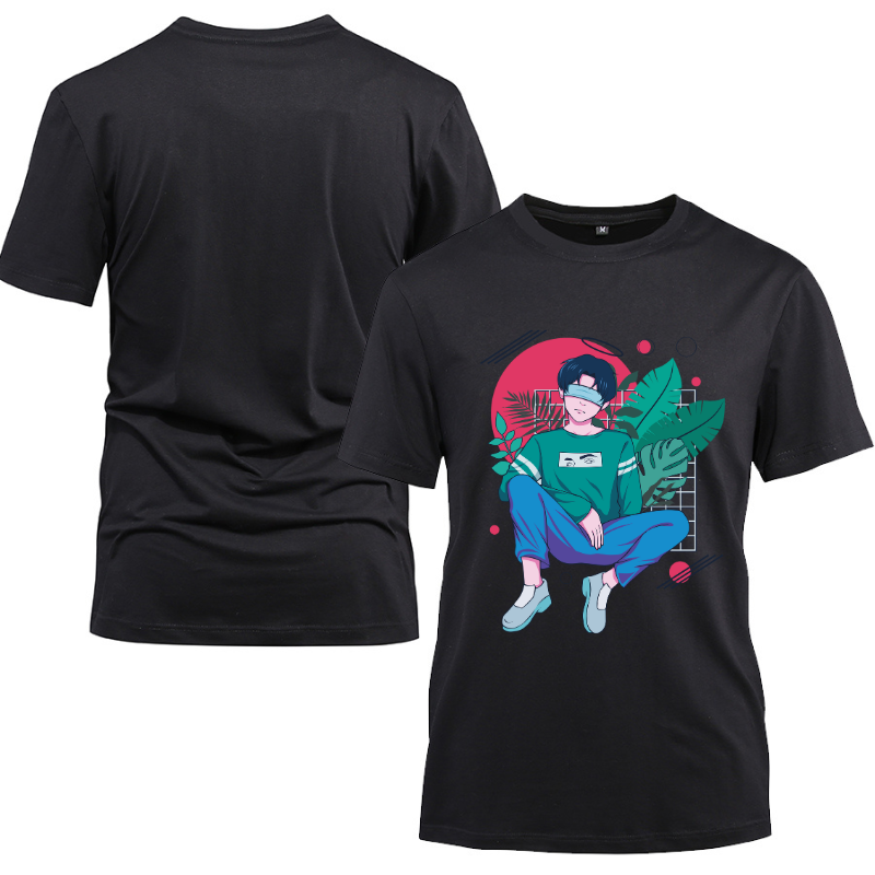 Anime Japanese The Cute Boy In Green Cotton Black Short Sleeve T-Shirt