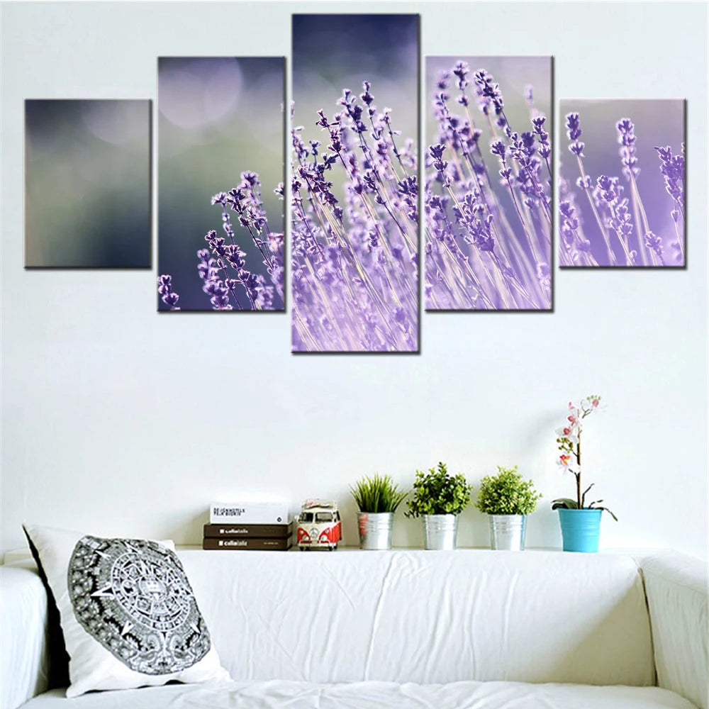 Flowers Lavender 5 Panels Painting Canvas Wall Decoration