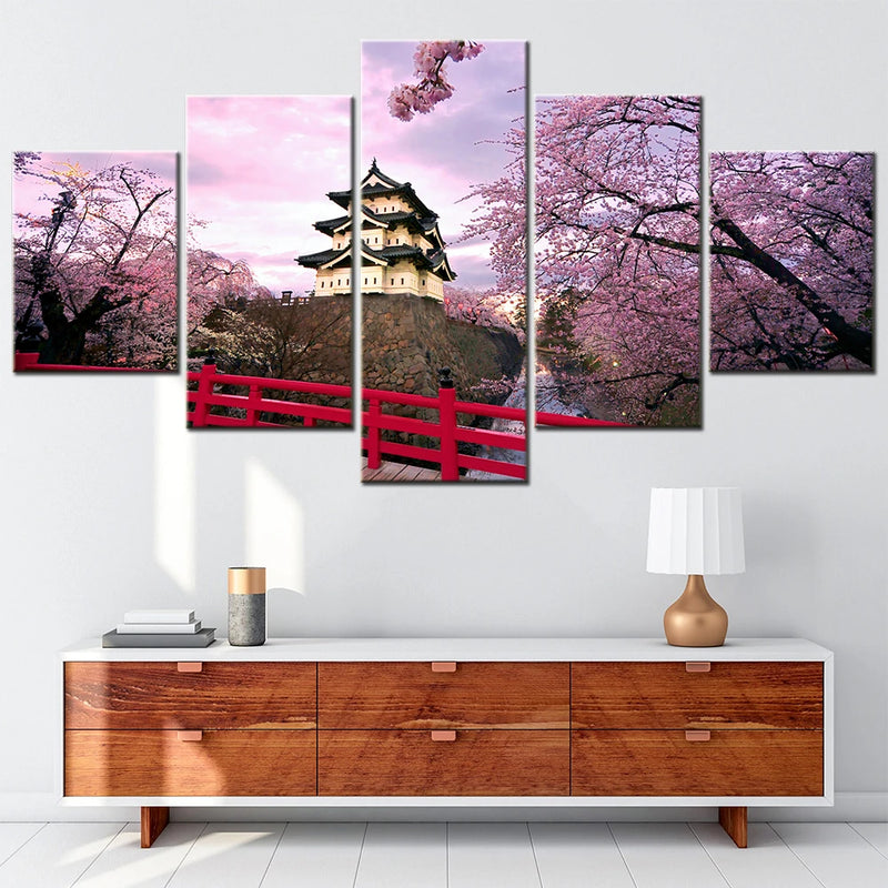 Japan Hirosaki Castle Cherry Blossoms 5 Panels Painting Canvas Wall Decoration