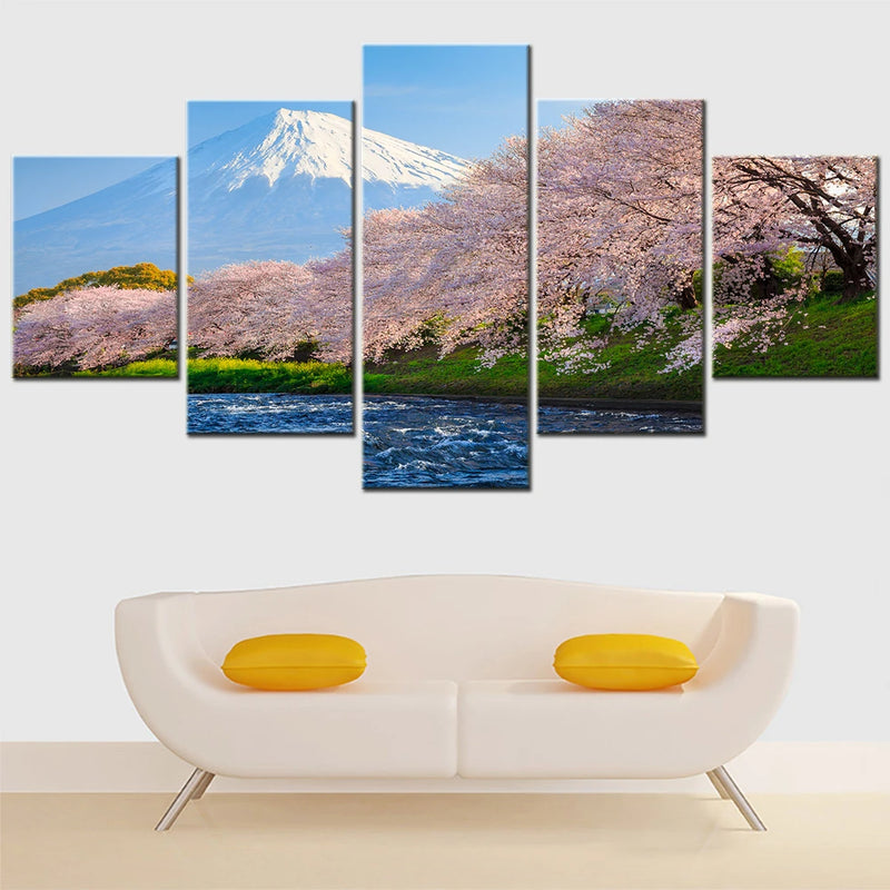Fuji Sakura River Landscape design 5 Panels Painting Canvas Wall Decoration