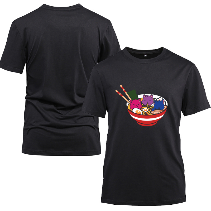 Cats Ramen Anime Food LGBT Bisexual Flag Cotton Black Short Sleeve T-Shirt