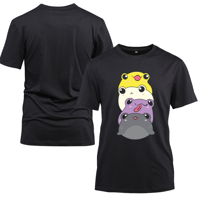 Nonbinary Flag Color Kawaii Frogs Cotton Black Short Sleeve T-Shirt