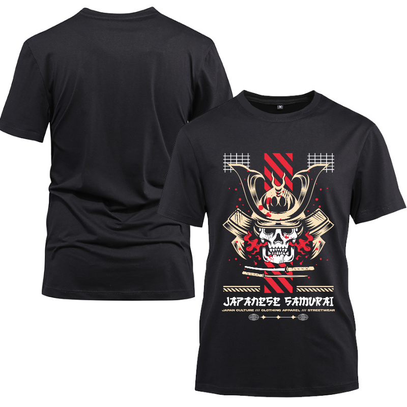 Japan Streetwear Japanese Samurai Cotton Black Short Sleeve T-Shirt