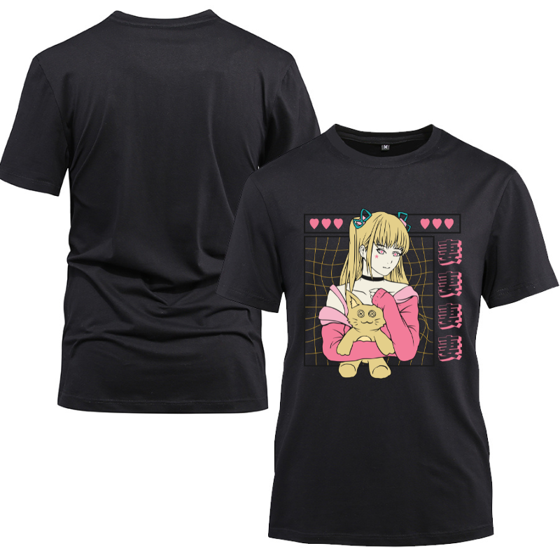 Anime Japanese Streetwear Lovely Girl With Doll Cotton Black Short Sleeve T-Shirt