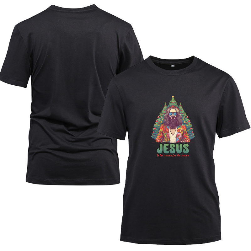 Jesus in Christmas Tree Art Cotton Black Short Sleeve T-Shirt