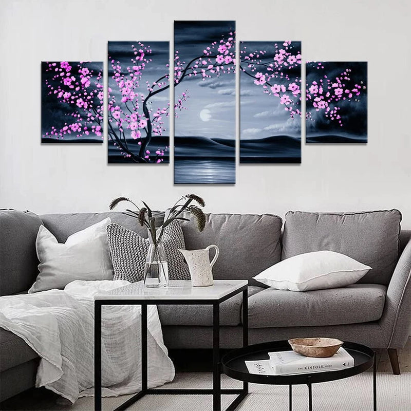 Flower Plum Purple 5 Panels Painting Canvas Wall Decoration