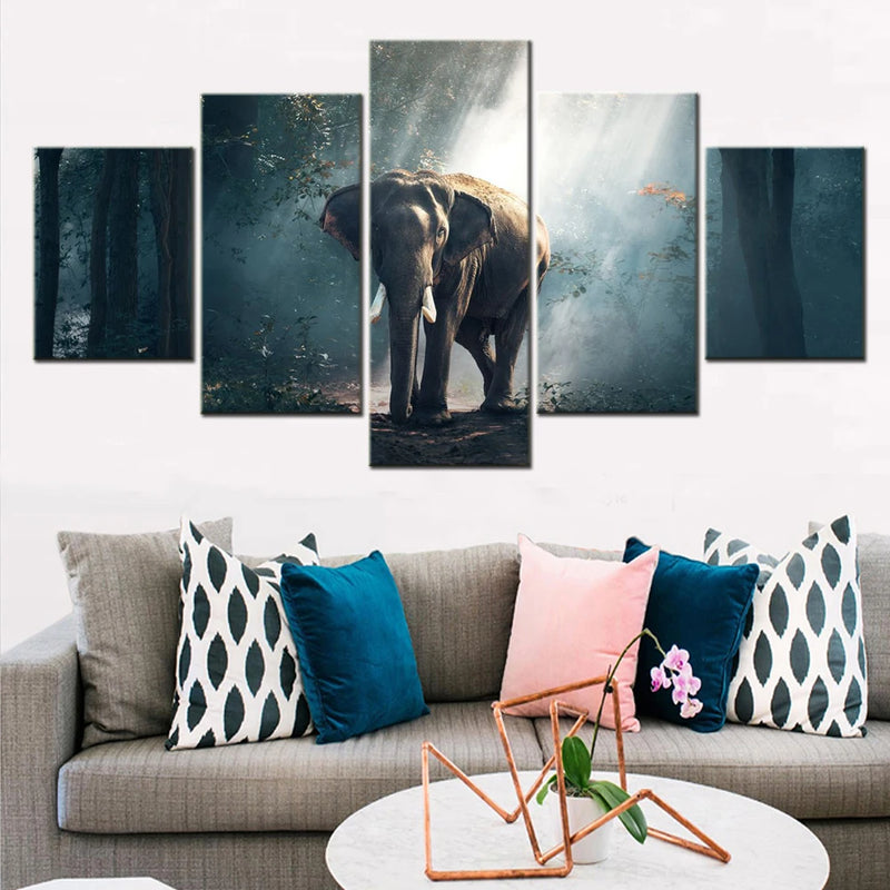 Elephant Forest 5 Panels Painting Canvas Wall Decoration