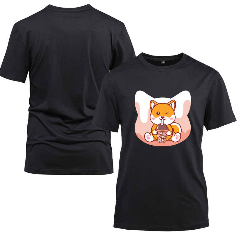 Kawaii Shiba Inu Dog Boba Anime Japan Cotton Black Short Sleeve T-Shirt